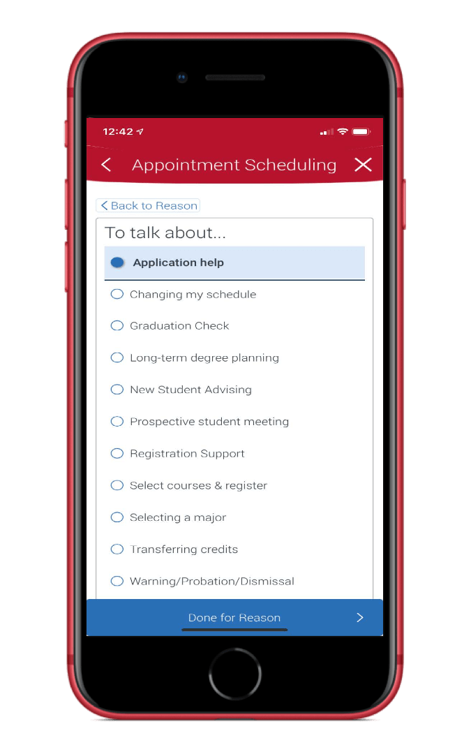 Appointment scheduling mobile page. Showing some response options of "To talk about..."