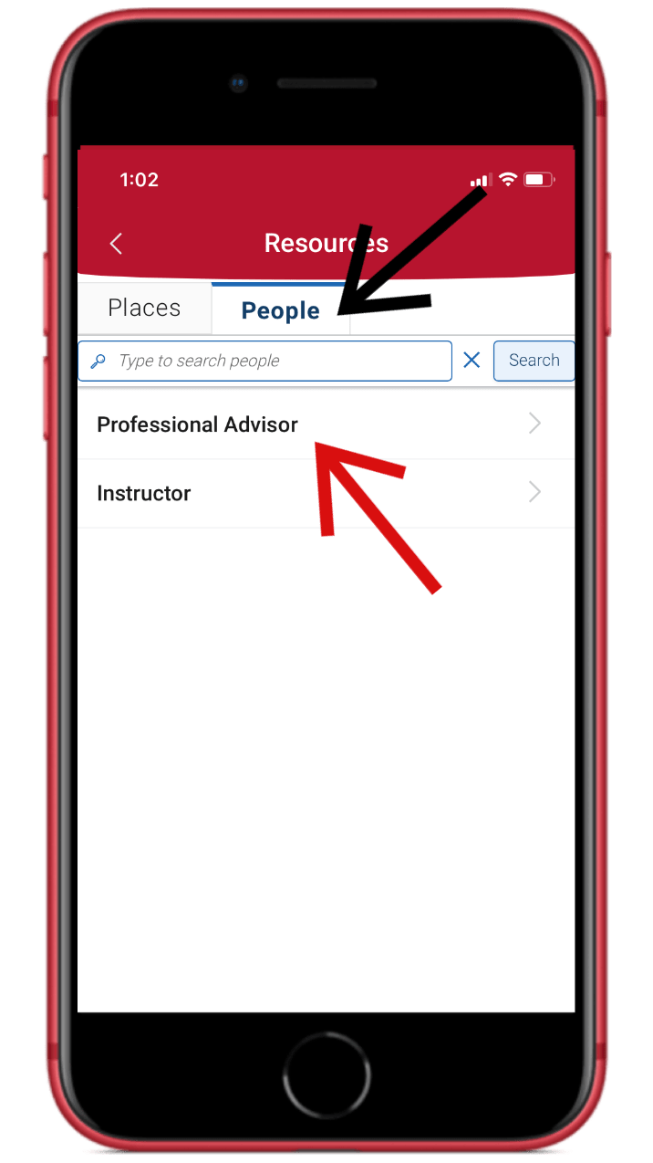 Navigate Mobile "Resources" page, arrow pointing to "People" and "Professional Advisor"